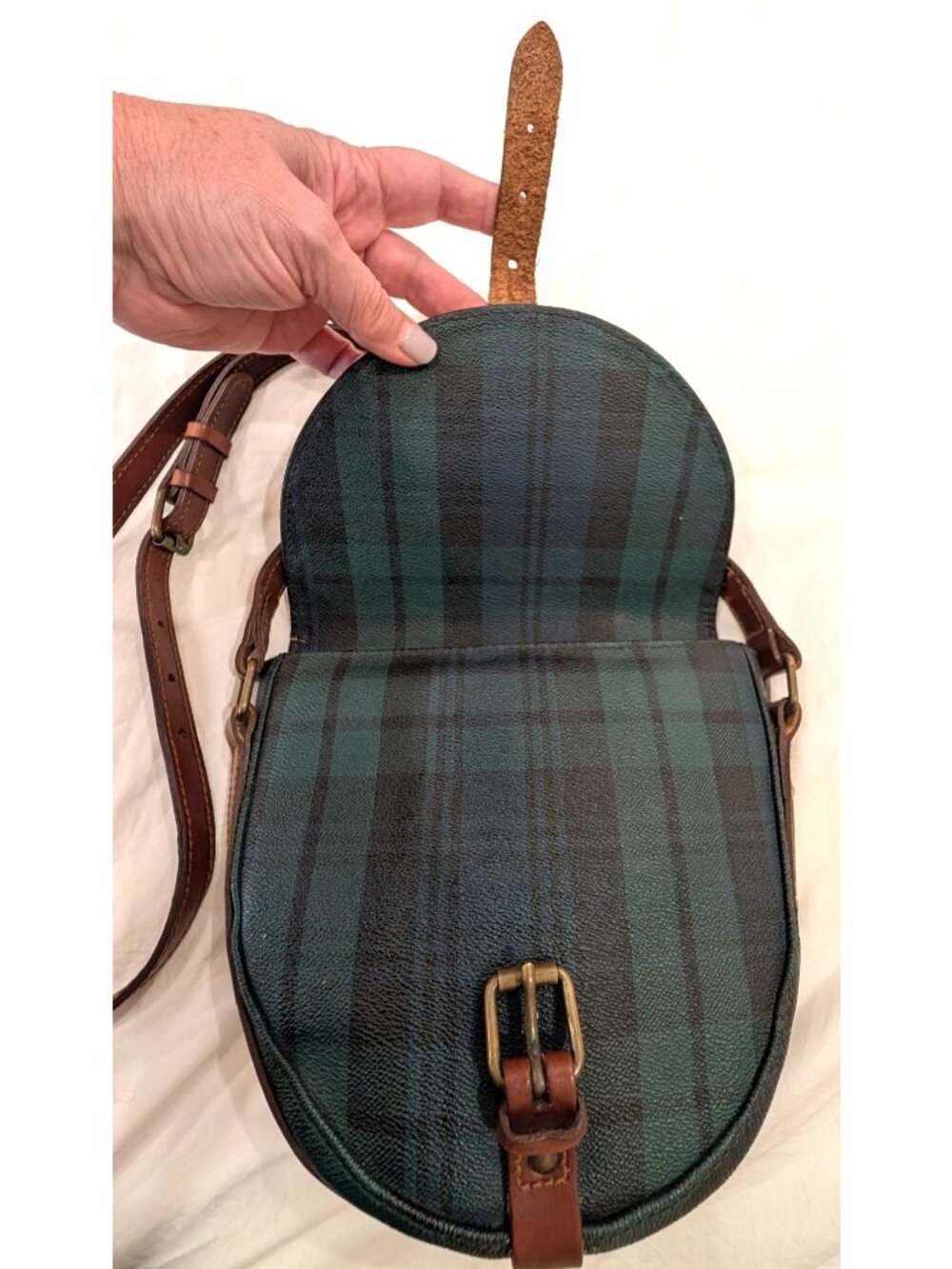 Vintage 90's Polo Ralph Lauren Saddle Crossbody Shoulder Bag, Black Watch Tartan - Picture 9 of 16